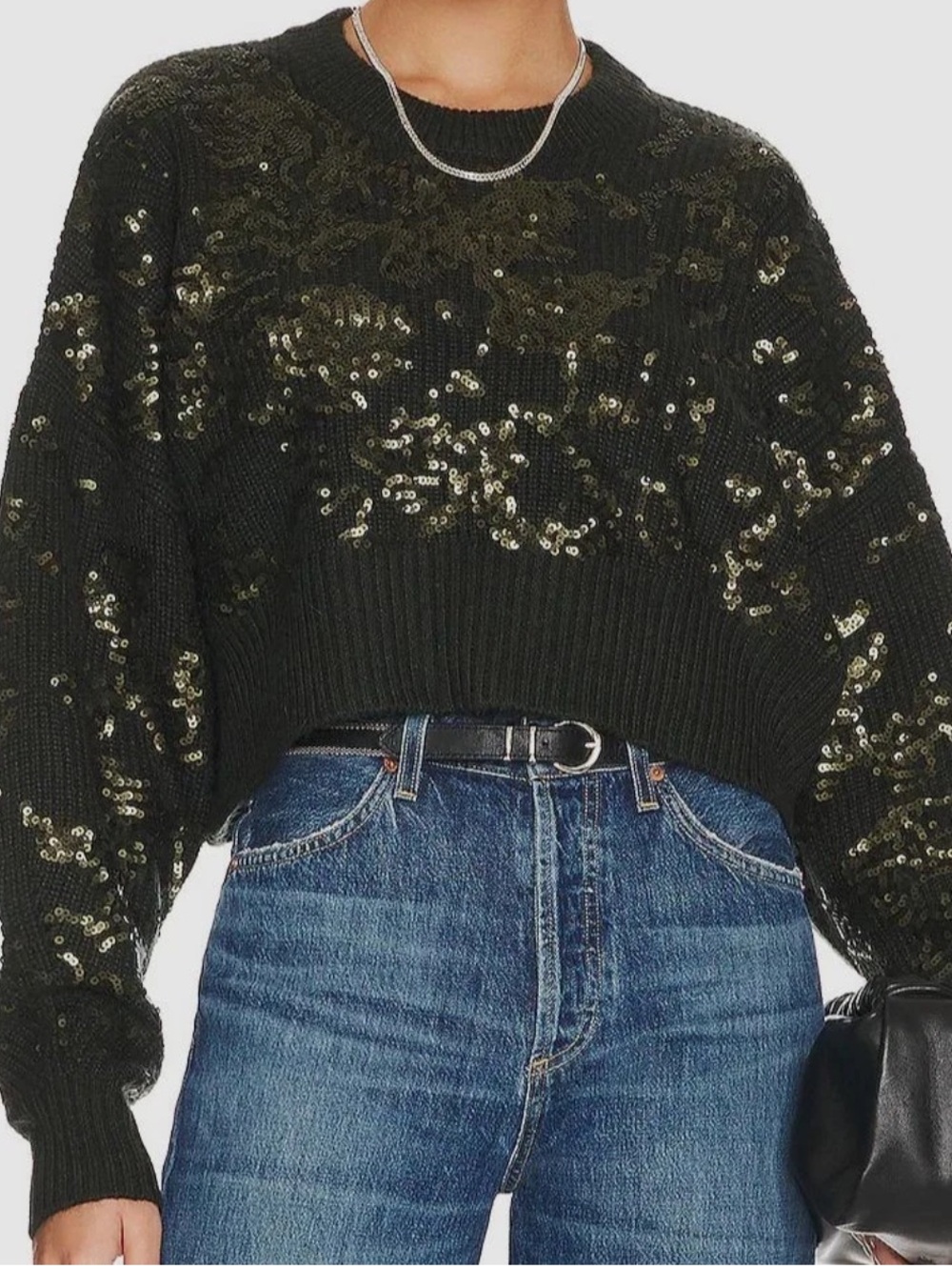 rag & bone Liza Dark Green Sequin Cropped Crewneck Sweater